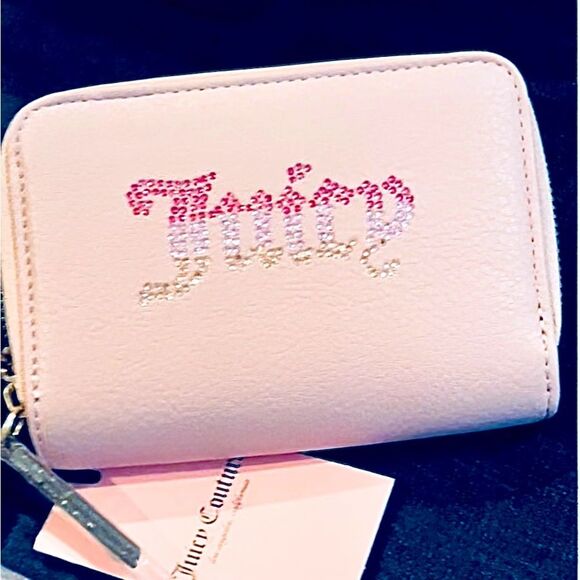 Juicy Couture Pink Med Wallet OS Blush Crystal Ombré Logo Double Zip Bling NEW - Picture 8 of 8